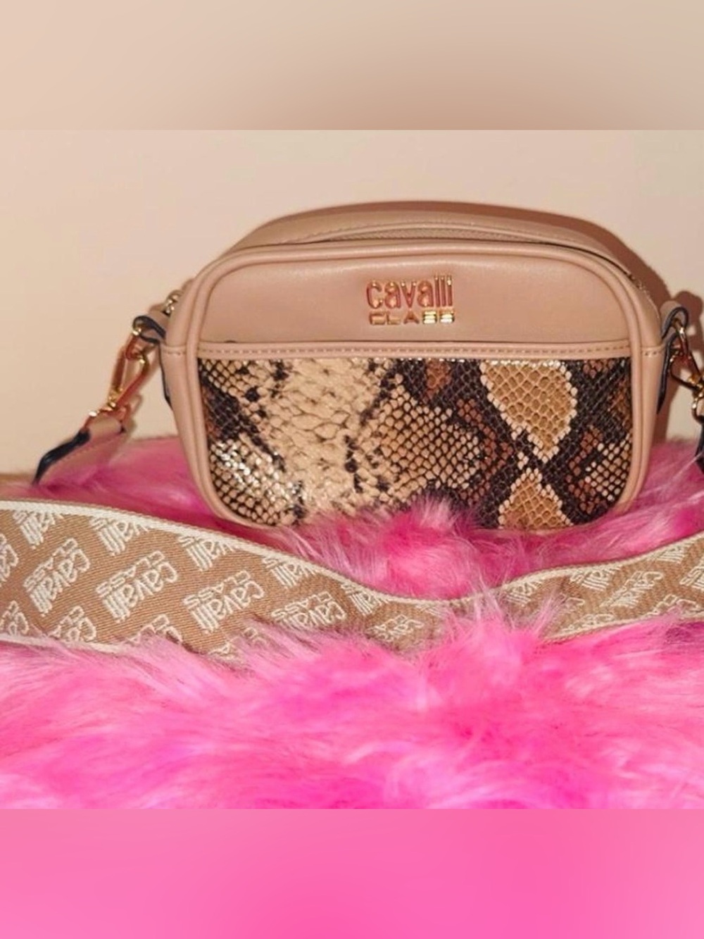 Cavalli Class Taupe and Snake-Print Crossbody Bag with Gold Logo